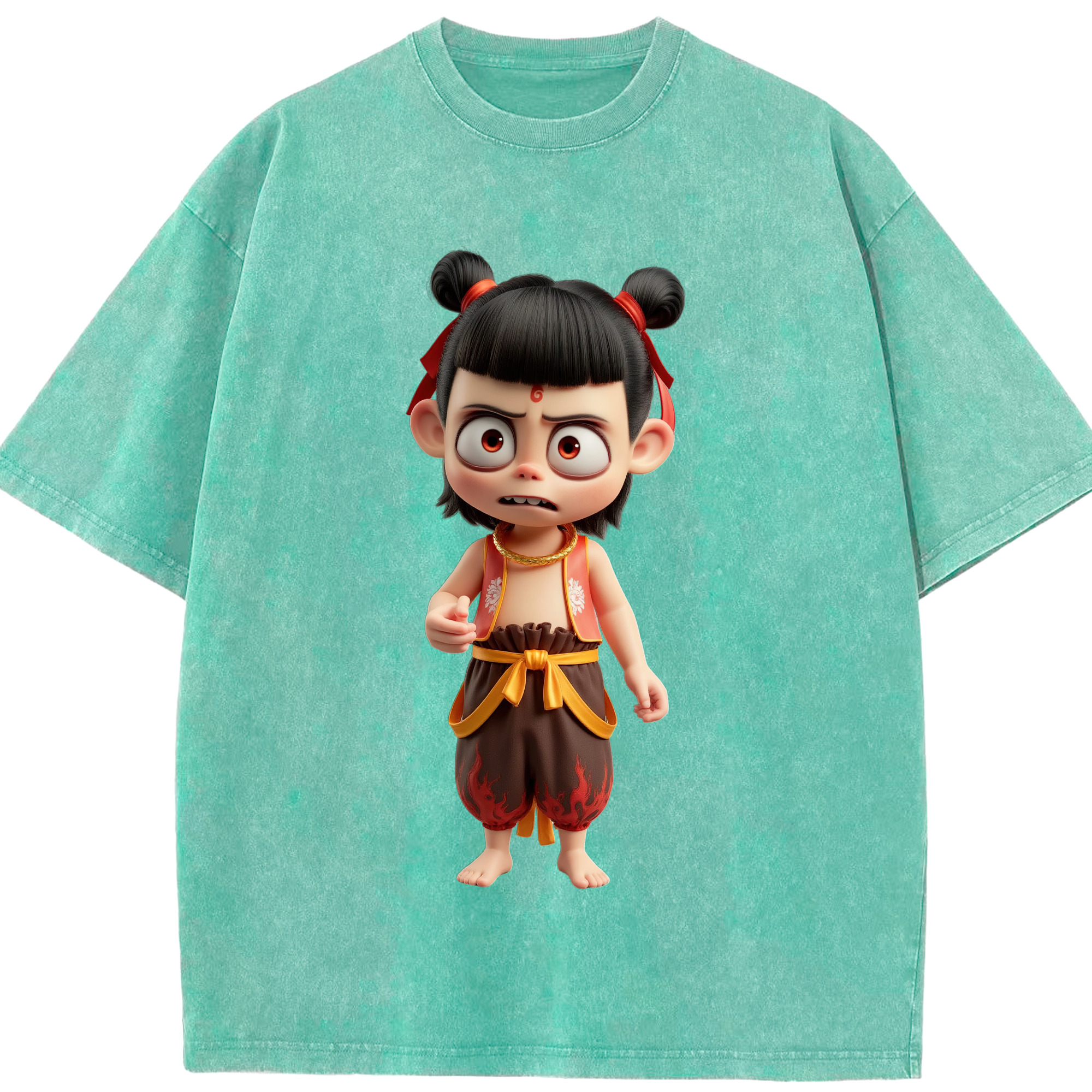 （画像用） Ne Zha 2 ナタ 魔童の大暴れ 綿100% ヴィンテージ風 半袖Tシャツ（フロントプリント）